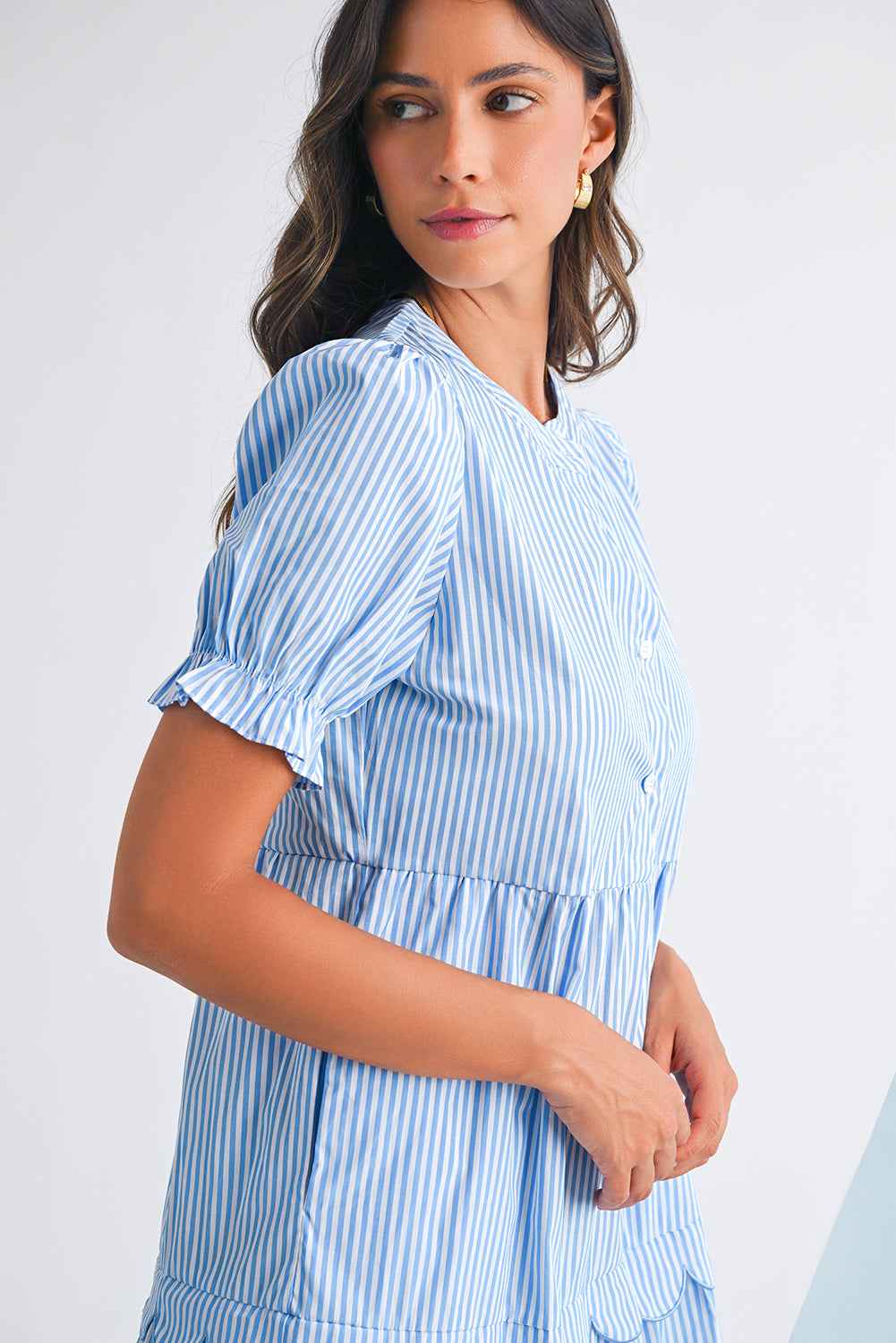 Sky Blue Stripe Bubble Sleeve Scallop Tiered Dress 512c3cb515e7ffe8