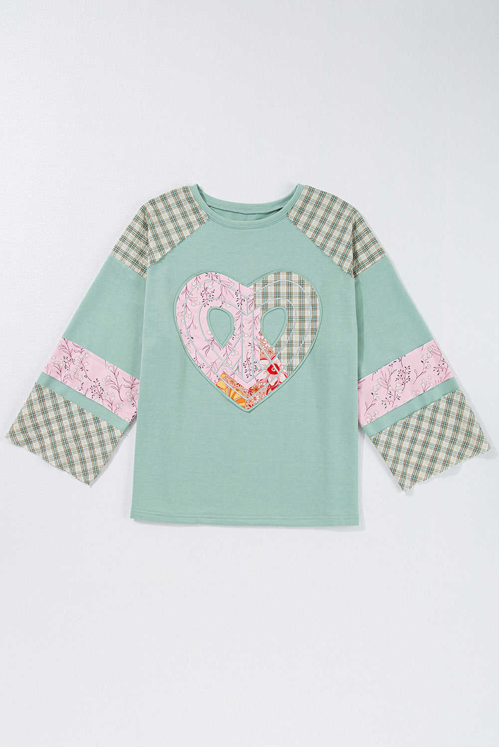 Aqua Plaid Floral Patchwork Heart Long Sleeve Top 5142fd18cf41c6e3