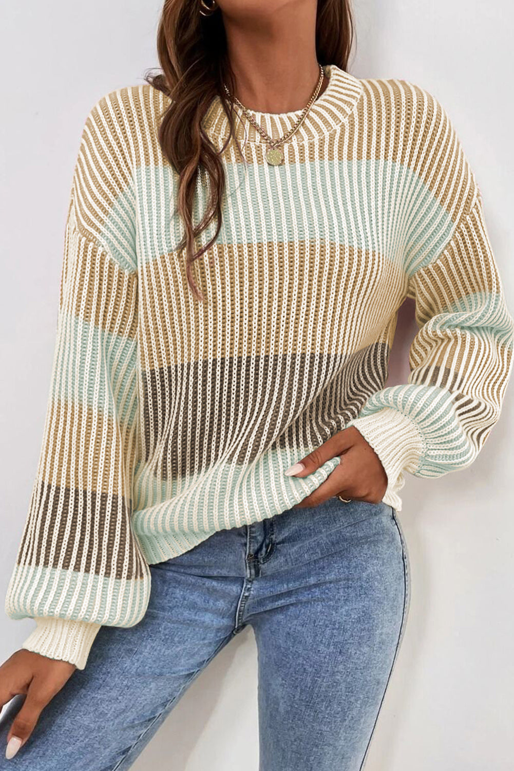 Pink Colorblock Lantern Sleeve Rib Knitted Sweater 514ca61bd2bcadfb