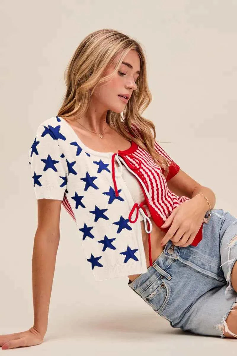 SO ME Stars and Stripe Front Bow Tie Sweater Cardigan IVORY RED 516813cd60bf41568425e45a5fc22997-Max-Origin