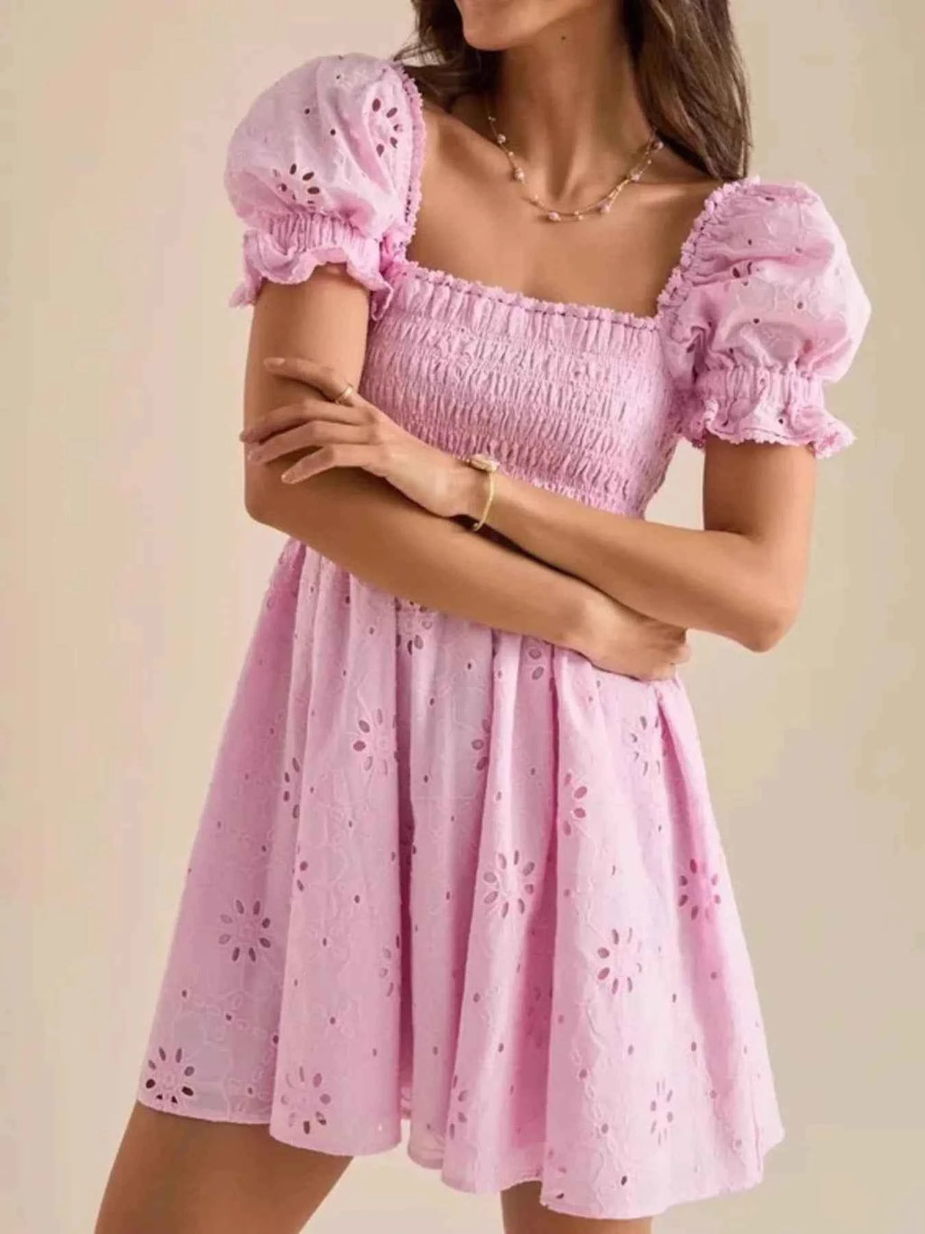 Eyelet Puff Sleeve Smocked Mini Dress Pink 51718f75-59d0-4e8b-87df-7a6e0ba91b17-Max-Origin