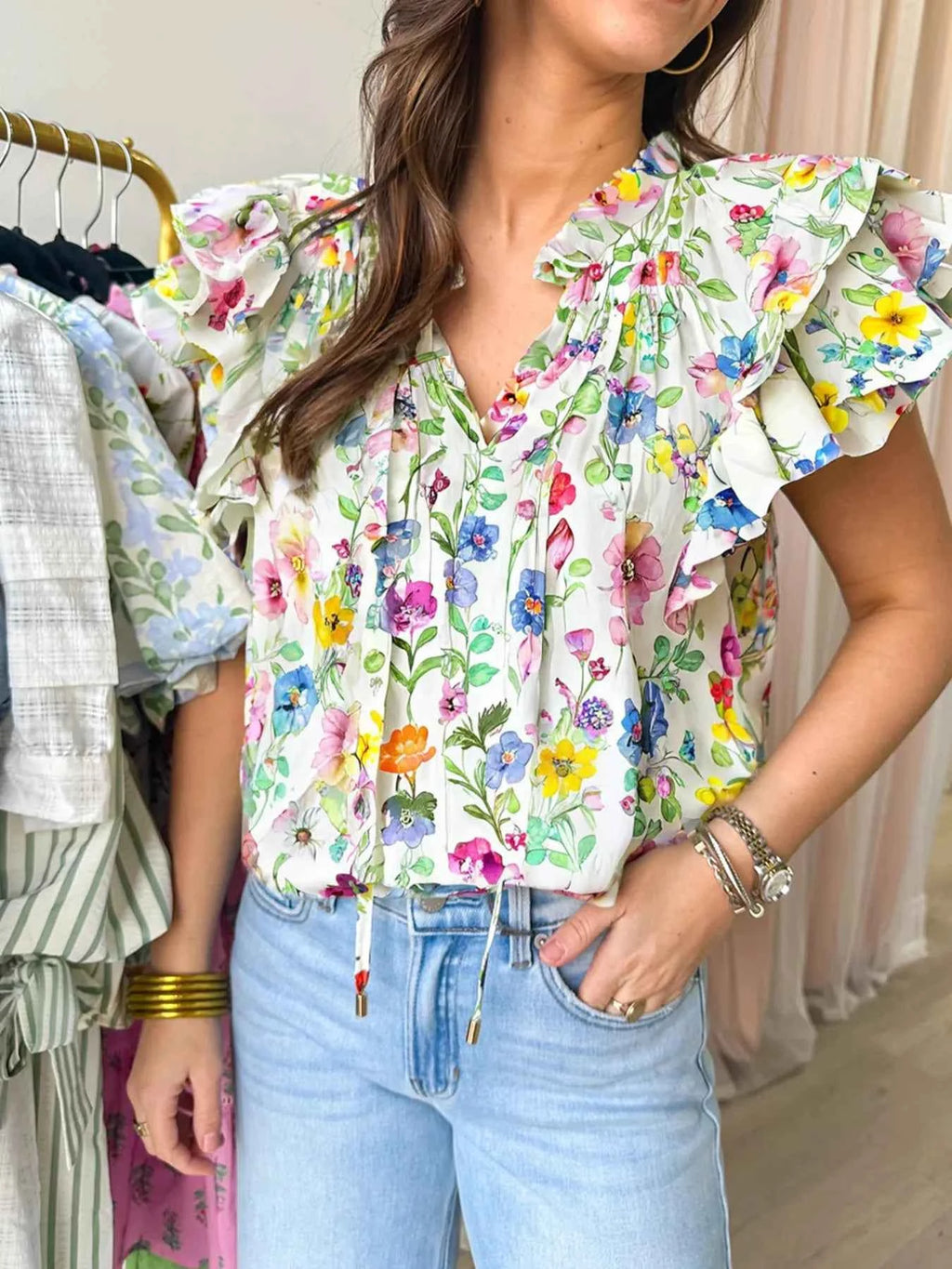 Floral Print Ruffle Layered Short Sleeve Blouse Floral 518c5496dd6b4140b4a3d0ea8f3cc170-Max-Origin