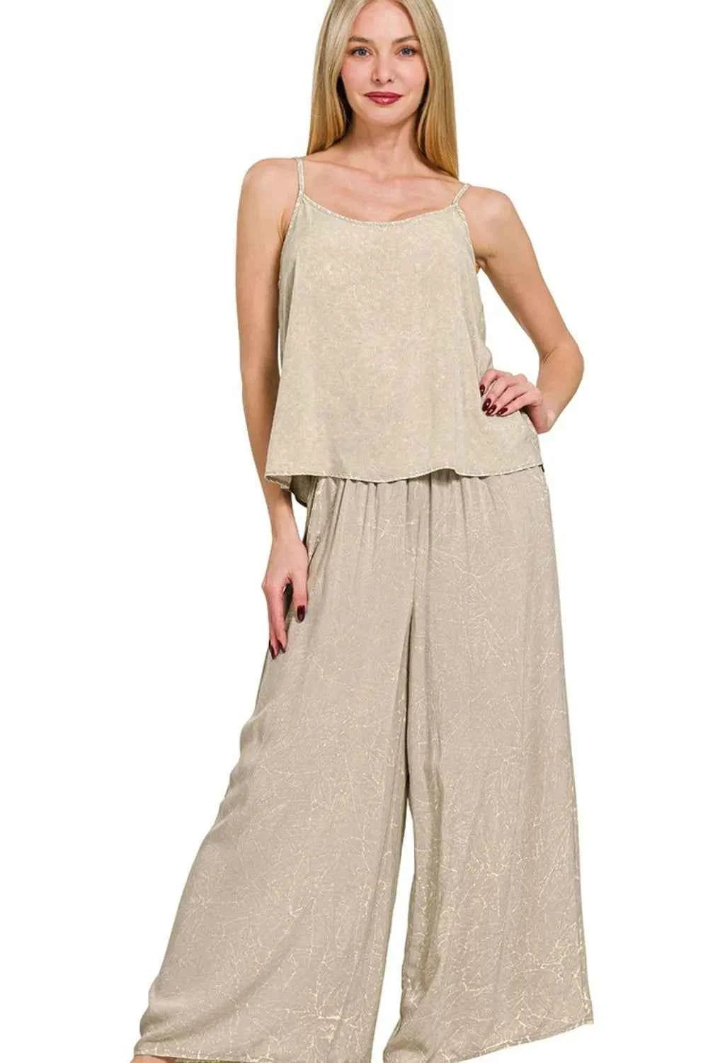 Zenana Woven Acid Crinkle Washed Cami & Pants 2 Piece Set ASH MOCHA 518e2dbb-9252-4434-9931-b2056196e7e1-Max-Origin