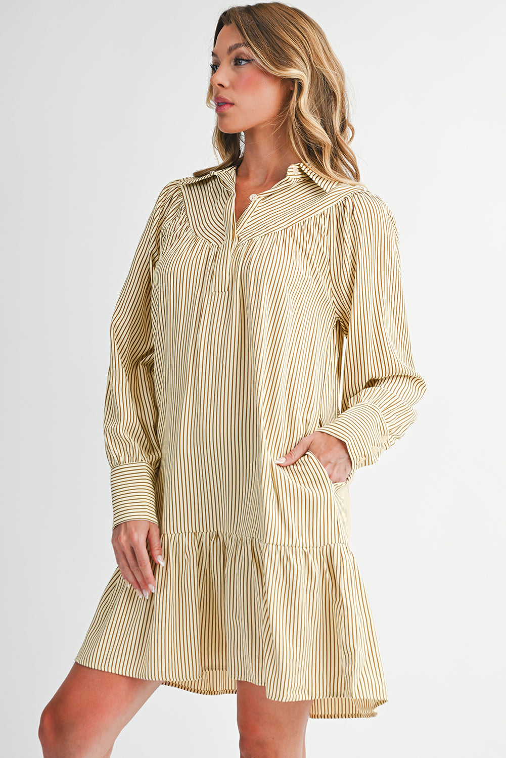 Brown Striped Shirt Collar Ruffle Hem Long Sleeve Dress 519aed1c44bb9d01