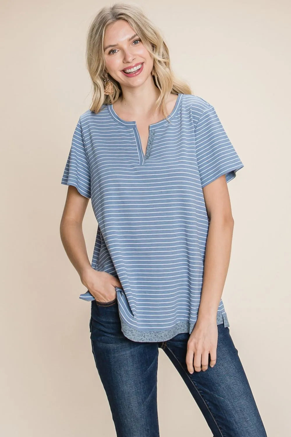 Cotton Bleu by Nu Lab Slit Striped Notched Short Sleeve T-Shirt Denim 519c1249-5d58-4f0d-b188-ce88f2f177b2-Max