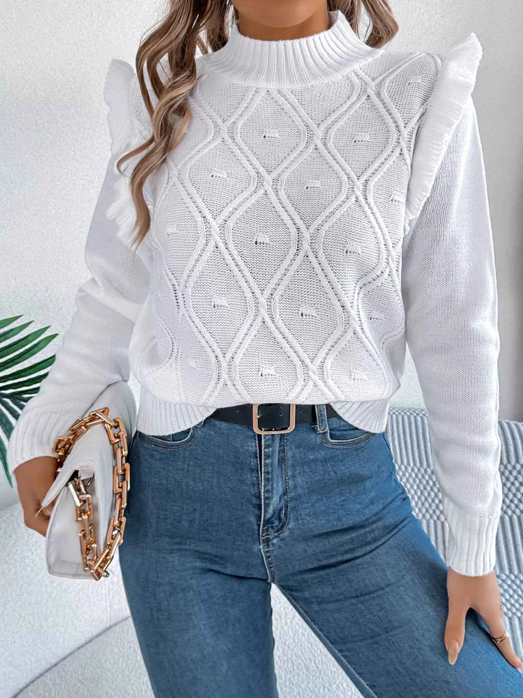Mock Neck Ruffle Trim Long Sleeve Sweater 51a48017f9fd40b284cbc711d4231c77-Max-Origin