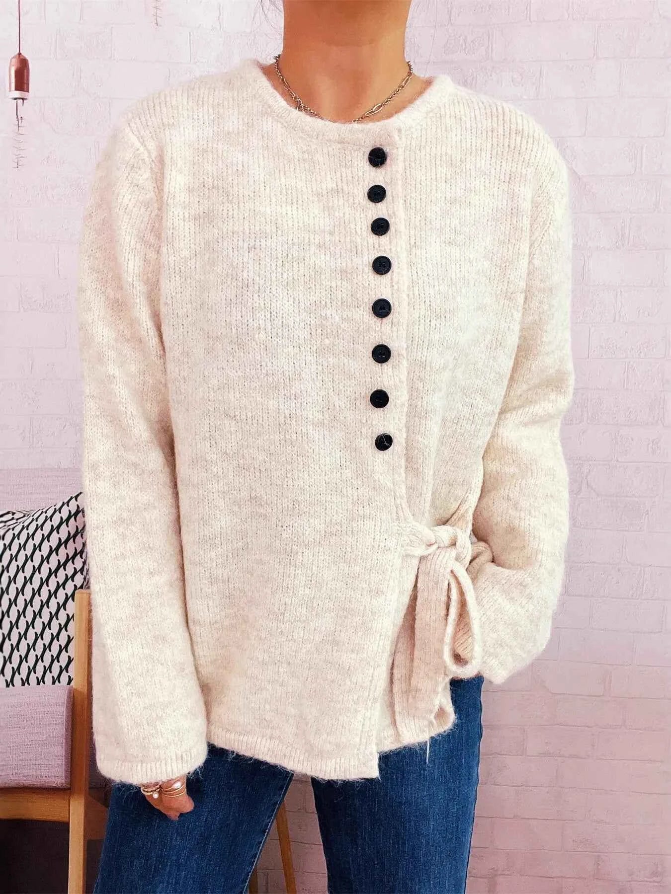 Button-Front Side-Tie Sweater Apricot One Size 51ae4c5477f14604997564df4cf2ee67-Max-Origin