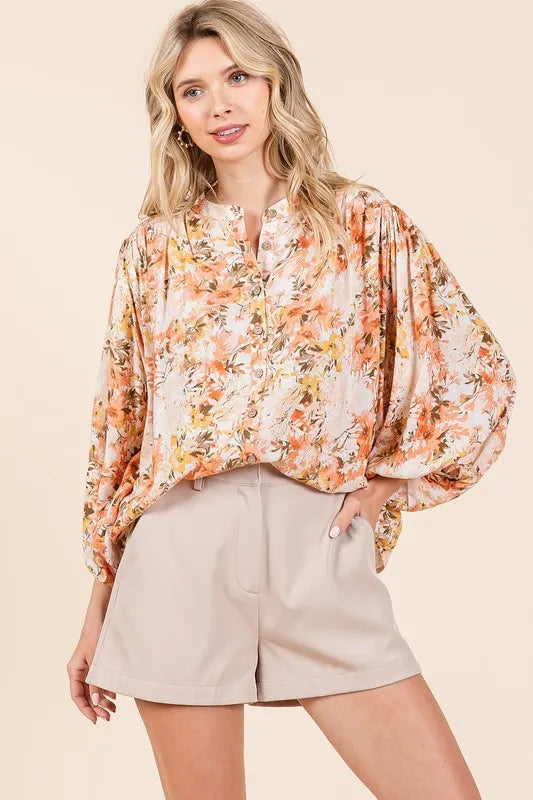 Mittoshop Flower Print Batwing Sleeve Button Down Blouse Ginger 51c2283c-ddf9-4af7-ba9b-277e3a3c002c-Max
