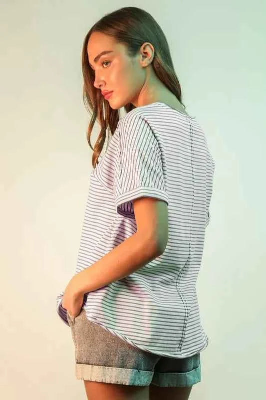 VERY J Striped V-Neck Short Sleeve T-Shirt 51cec0f88550420aab3344f02555b7c9-Max-Origin