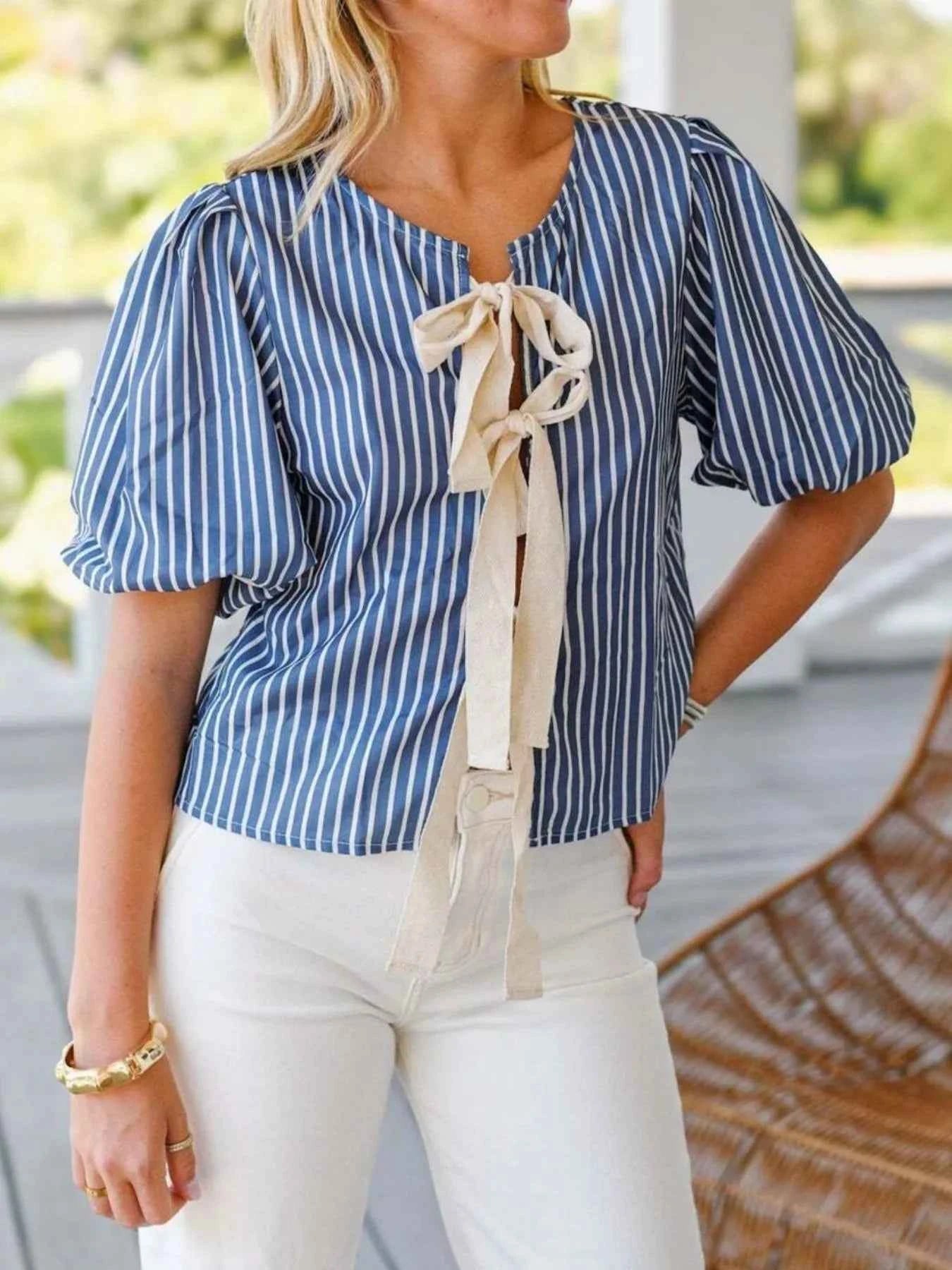 Tie Front Puff Sleeve Striped Blouse Blue Stripe 51d31905-d38d-496b-8ed6-09089c336059-Max-Origin