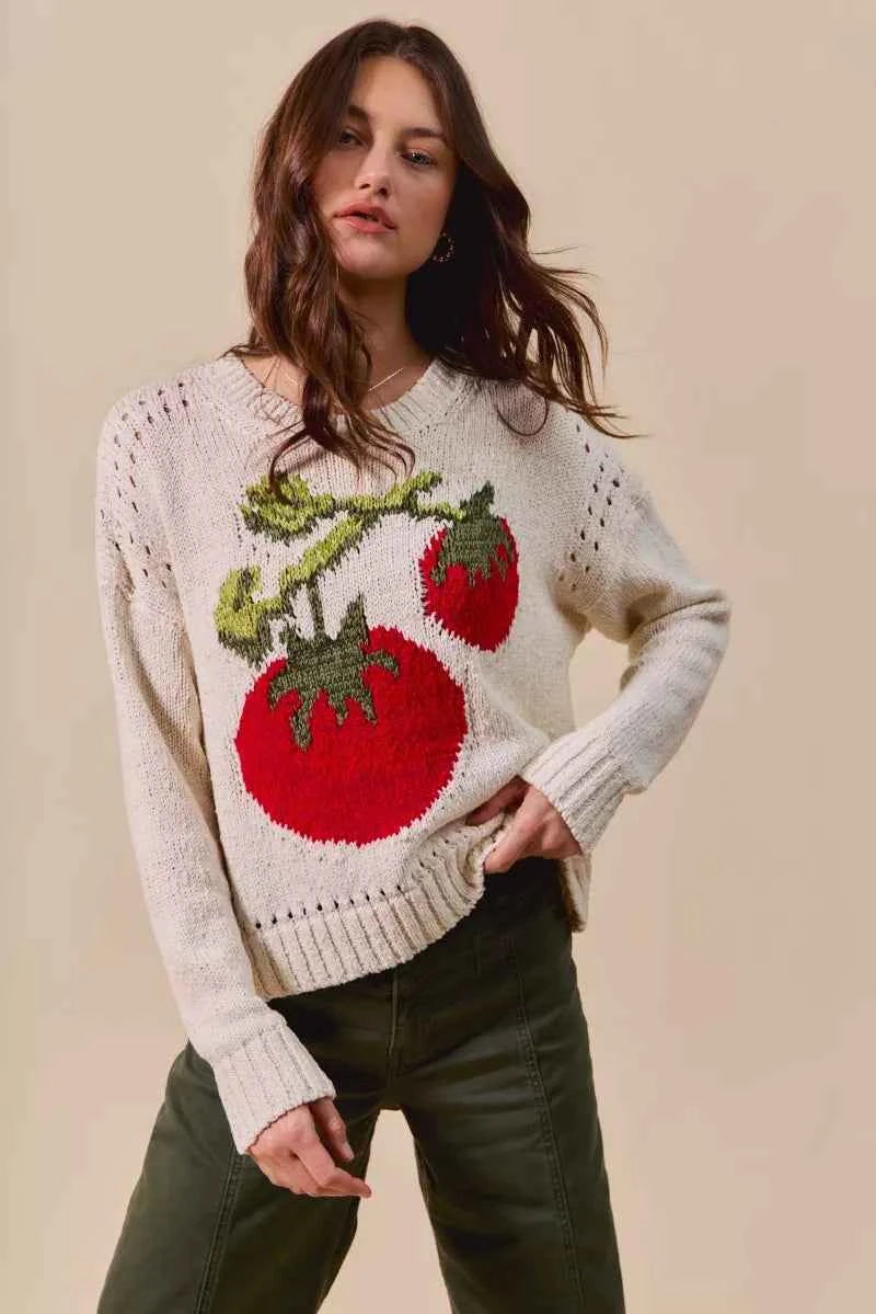 SO ME Vegetable Round Neck Long Sleeve Sweater CREAM MULTI 51facf15ce5944c0a791279e941fd3f1-Max-Origin