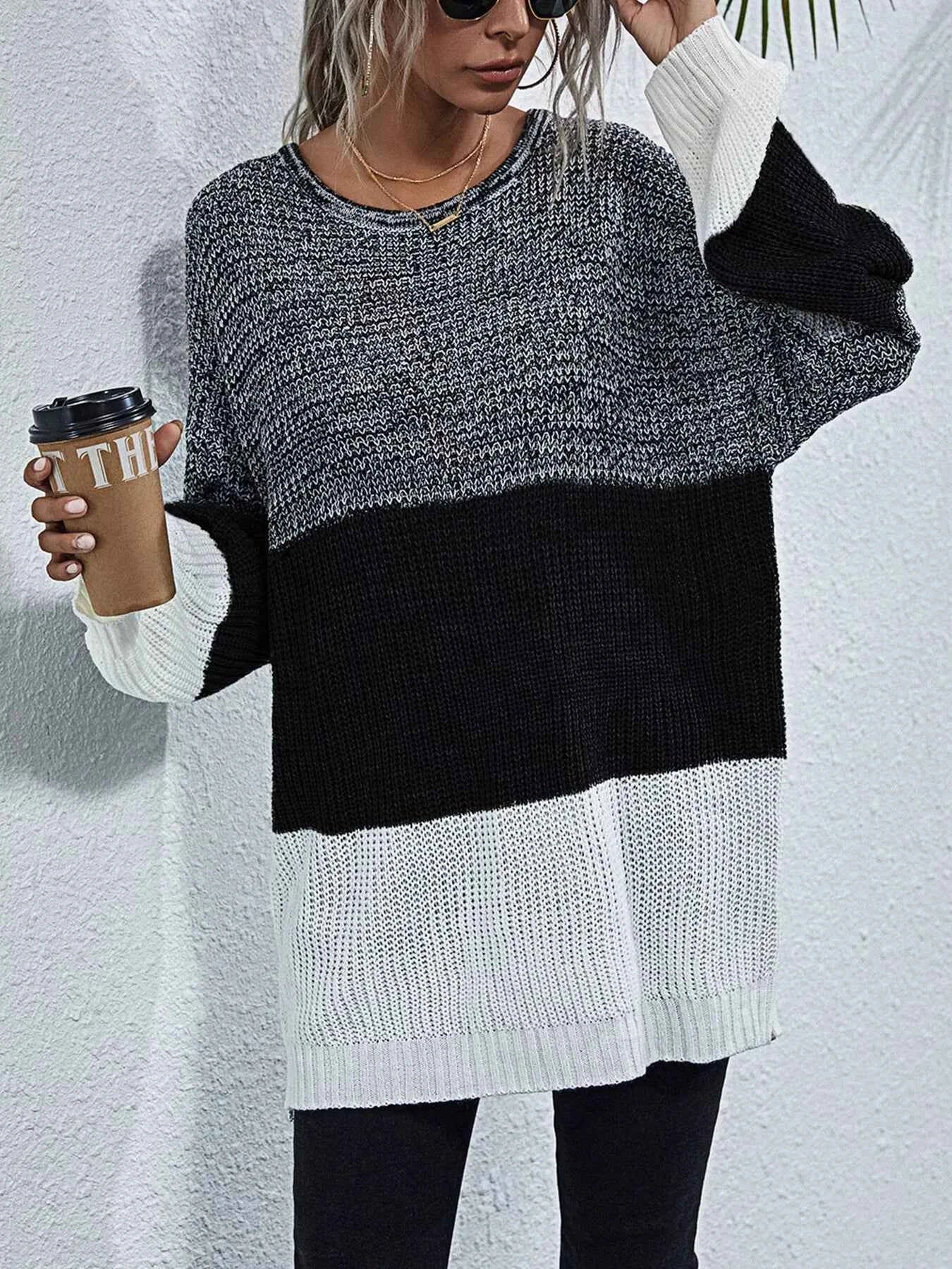 Color Block Round Neck Oversized Sweater Gray Black 521312d5cc4341a9859aeaf14a237e21-Max-Origin