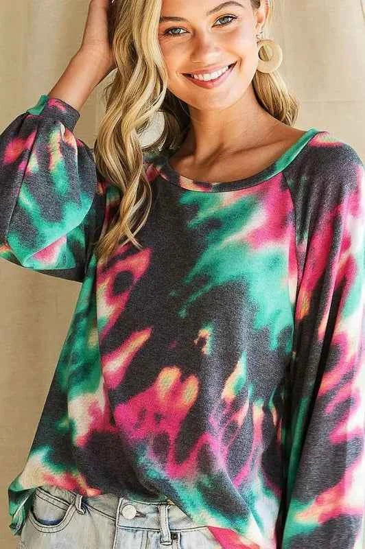 BiBi Tie Dye Print Terry Top with Puff Sleeves 52234ee737ce44f0a46867440f54c80c-Max-Origin