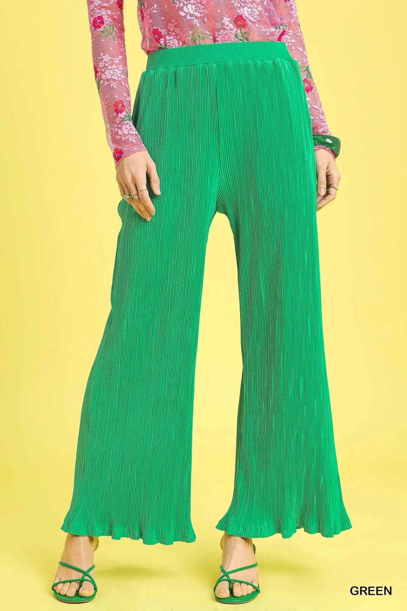 Umgee Wide Leg Textured Pants Green 522b7cc5-0663-4b1d-b66b-8a49917039de-Max-Origin