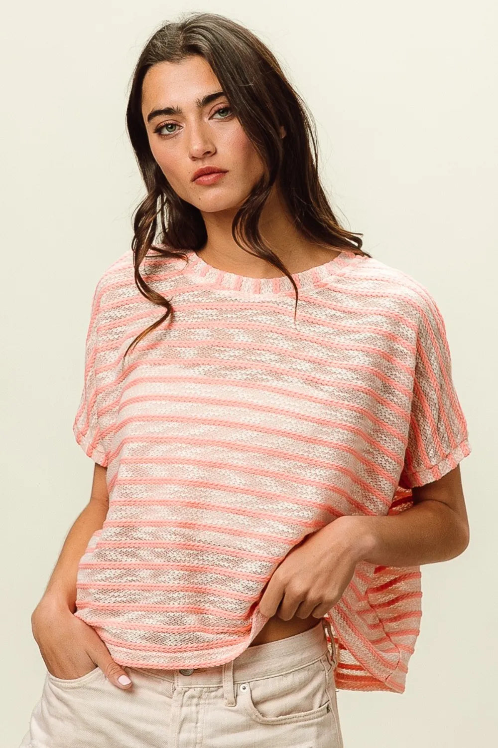 BiBi Braid Striped Short Sleeve Round Neck T-Shirt 5233ff00-5ca1-49e5-b73f-26c890989199-Max