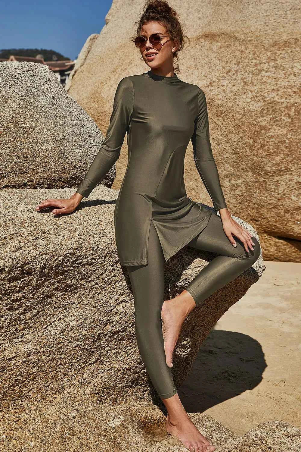 Slit Mock Neck Long Sleeve Top and Pants Swim Set 523a54b0-0f12-445c-97ed-67272a3749b1-Max