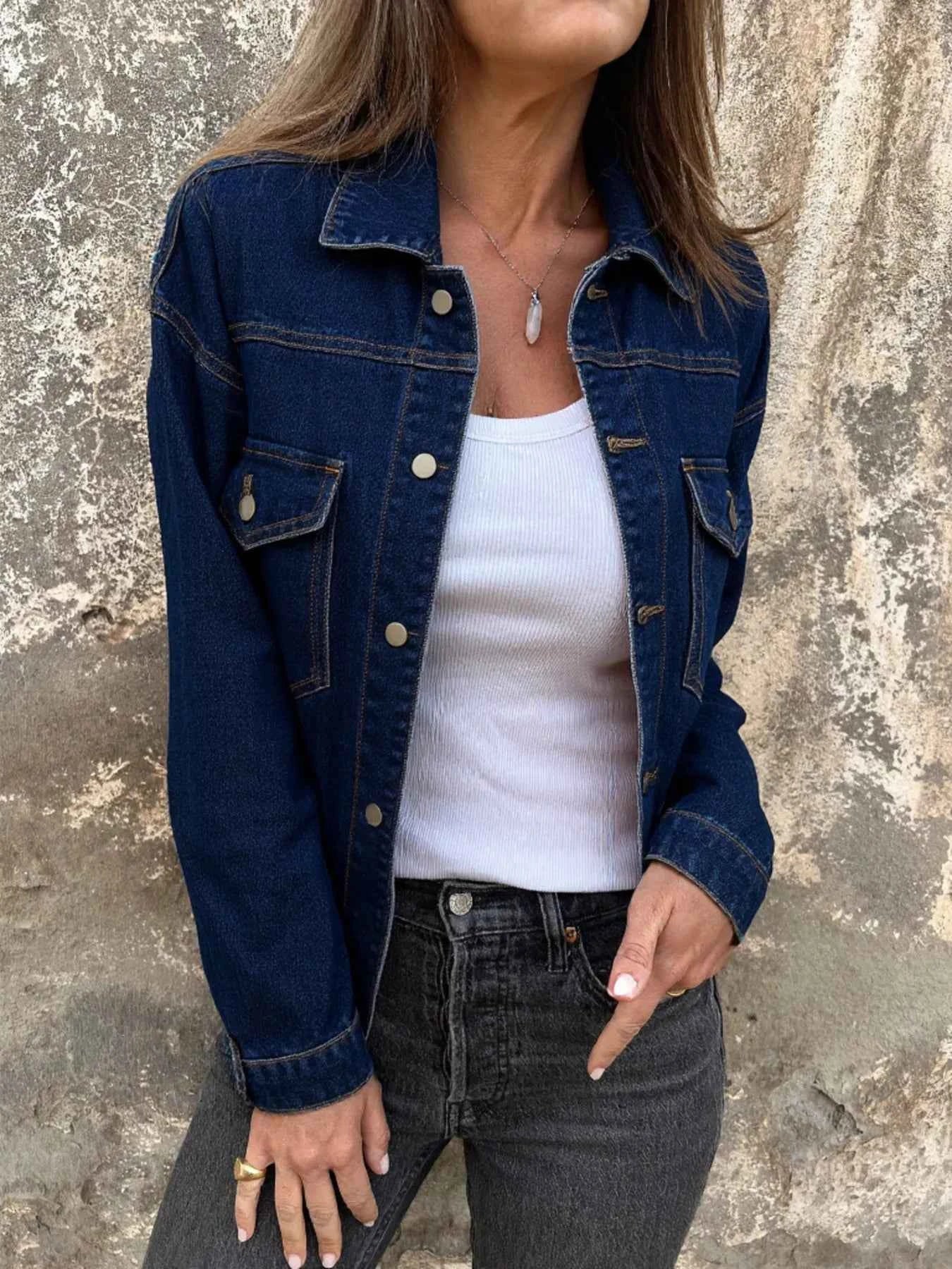 Button Up Long Sleeve Denim Jacket Blue 523b151754754141a6078f1f4b9ea9b7-Max-Origin