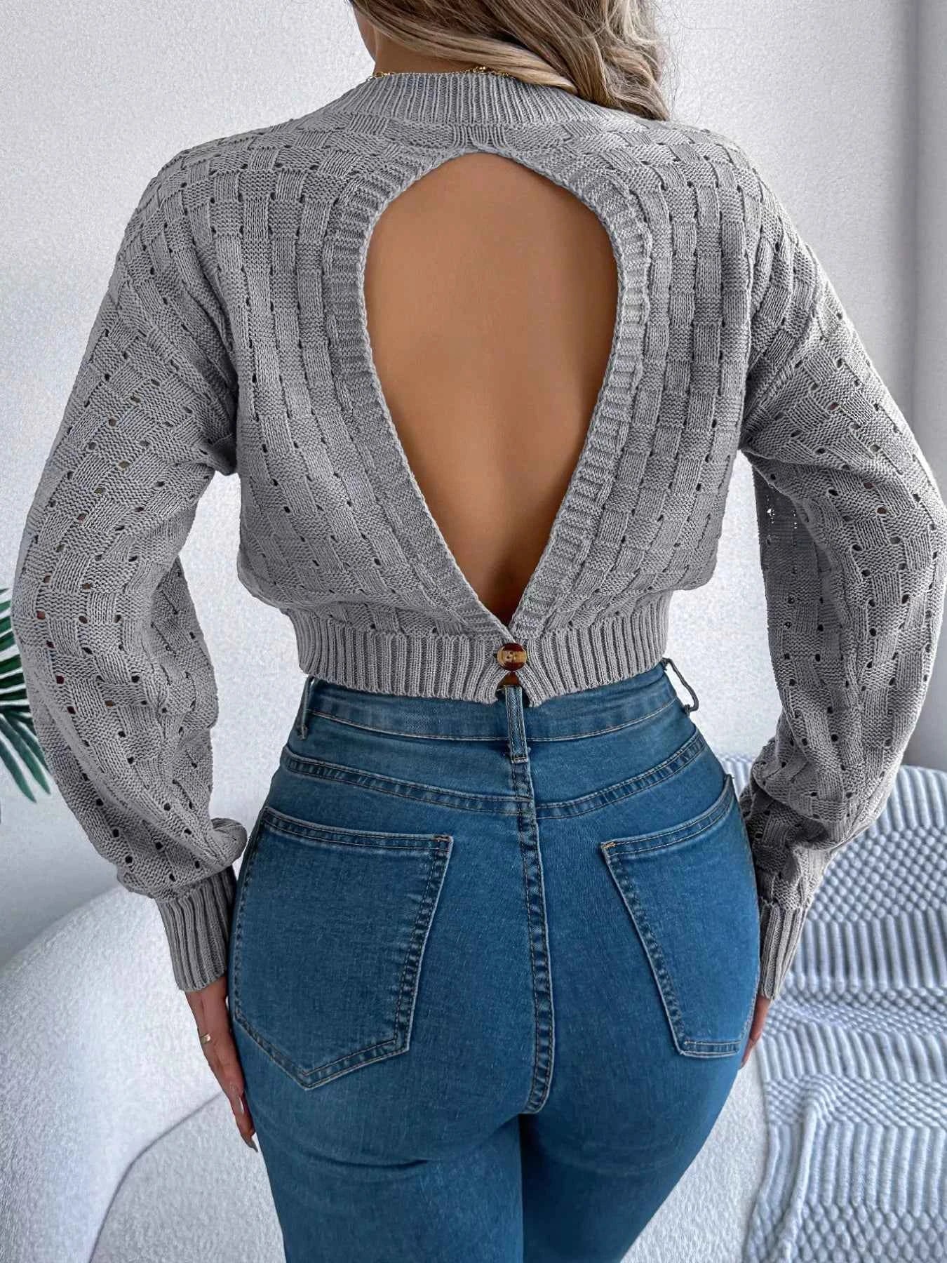 Cutout Back Openwork Round Neck Long Sleeve Sweater 523f025f-ed3a-465c-b6c7-c820333f0f57-Max-Origin