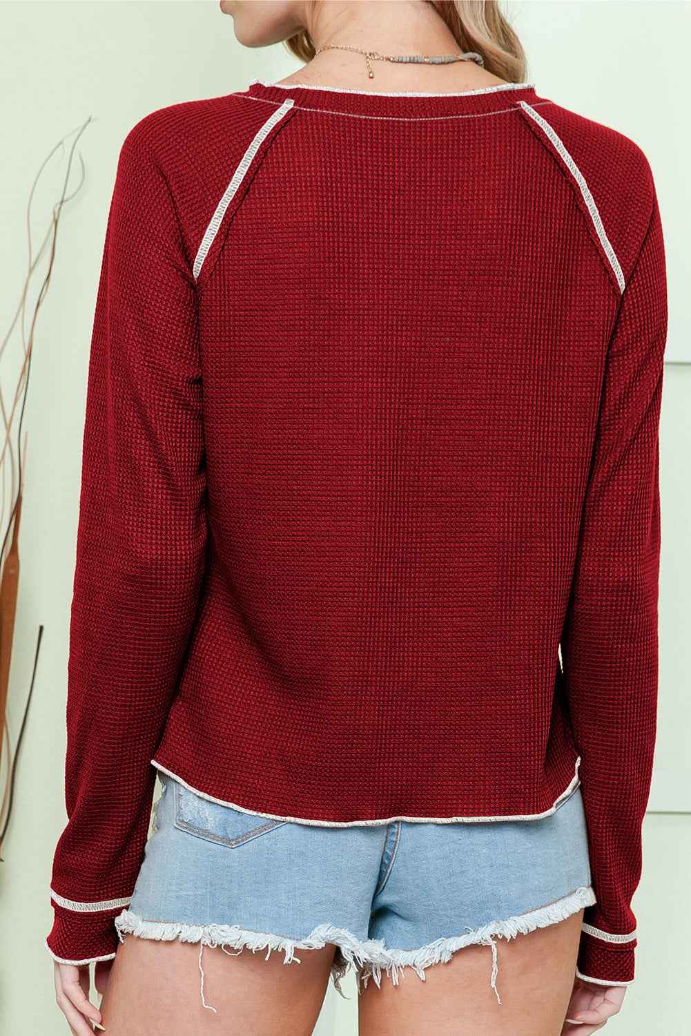 Red Exposed Seam Textured Pullover Long Sleeve Top 524ae2ab410c78ed