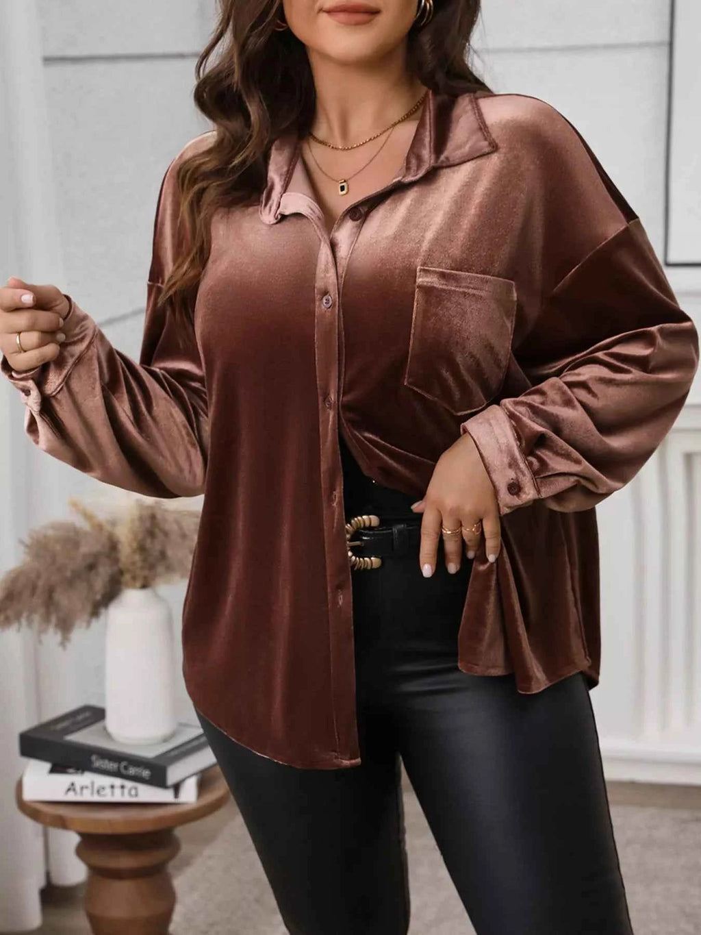 Plus Size Button-Down Long Sleeve Oversized Shirt Coffee Brown 525352f4ab764be6ba717cc2d1bd952d-Max-Origin