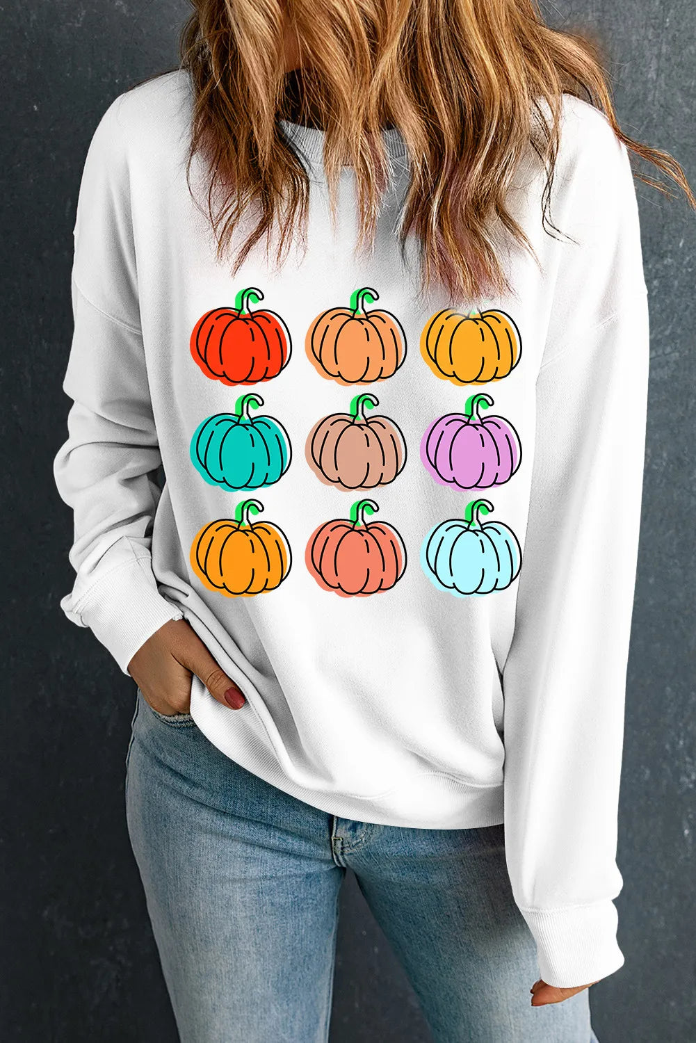Pumpkin Graphic Long Sleeve Sweatshirt White 5255575f-d6fe-4a7c-8f1c-14647bf51dbe-Max
