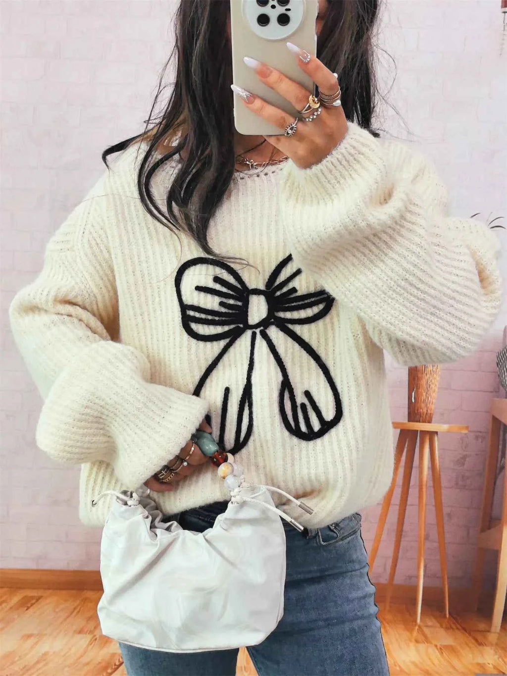 Bow Round Neck Long Sleeve Sweater 525f8a80167846d4b9f6592d9d813361-Max-Origin
