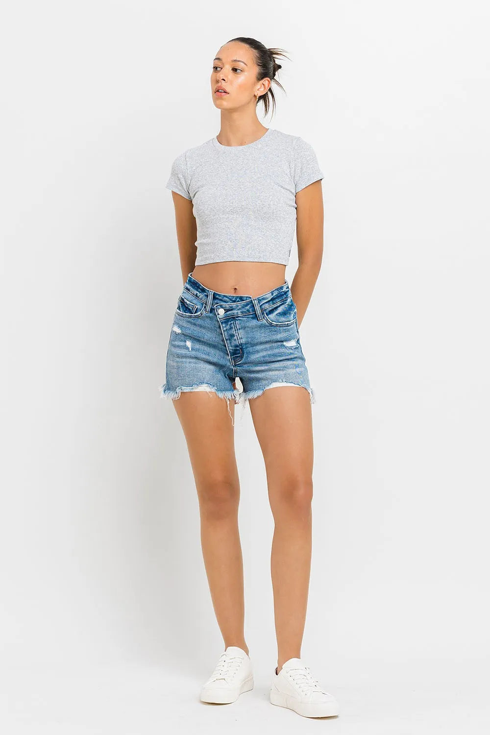 Lovervet Stepped Waist Raw Hem Denim Shorts 5265b74f-4563-47ab-a34f-b5915c5c5eda-Max
