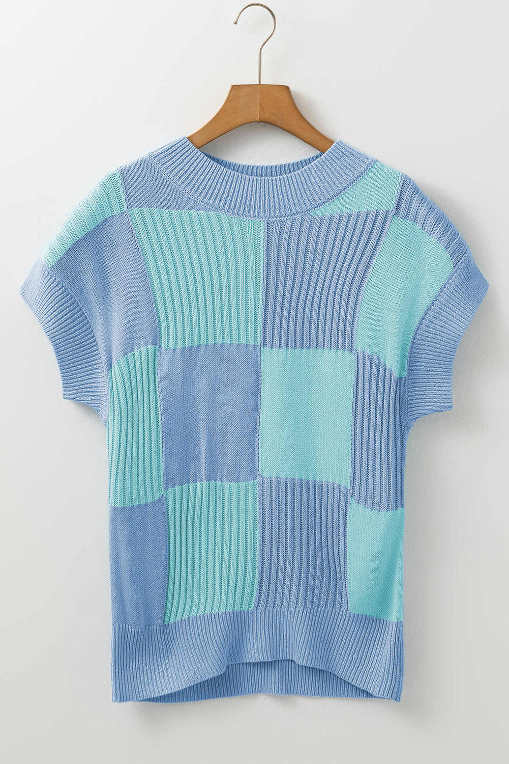 Light Blue Checkered Color Block Crew Neck Short Sleeve Sweater 52746d91f81417a3