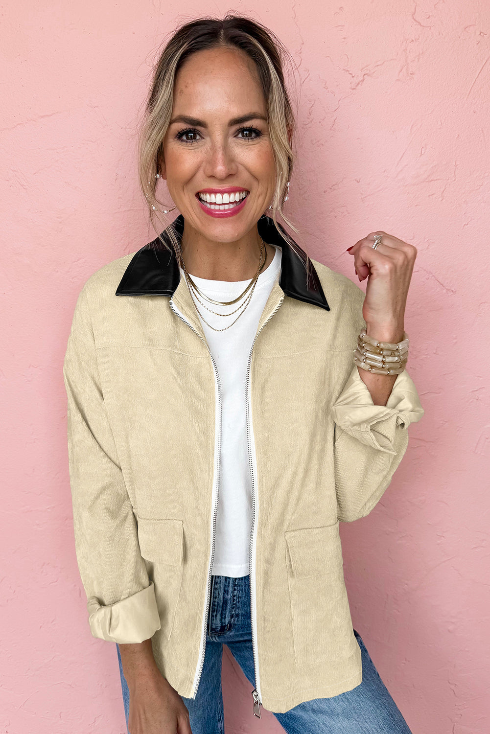 Parchment Contrast Leather Collar Textured Zip Up Jacket 52934313f5f1d712