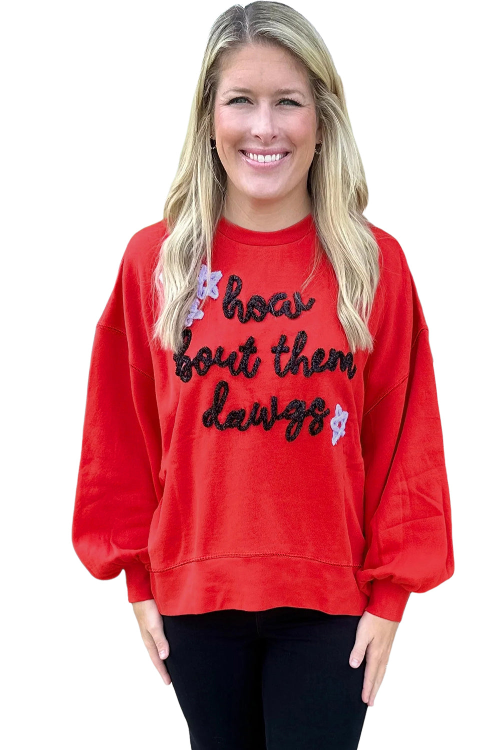 Fiery Red How Bout Them Dawgs Glitter Graphic Sweatshirt Fiery Red 65%Polyester+35%Cotton 52b6c647250c57a6