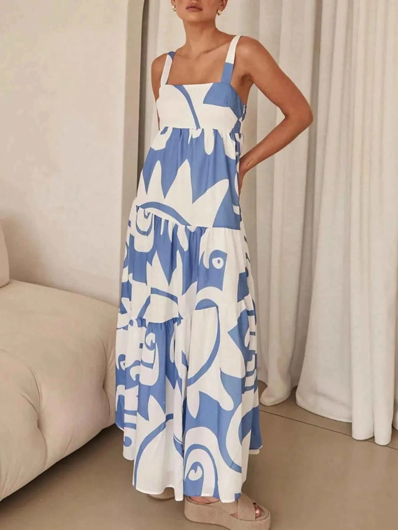 Printed Tiered Square Neck Maxi Dress 52bba3cfd66547efb8d0725eecdde1b9-Max-Origin