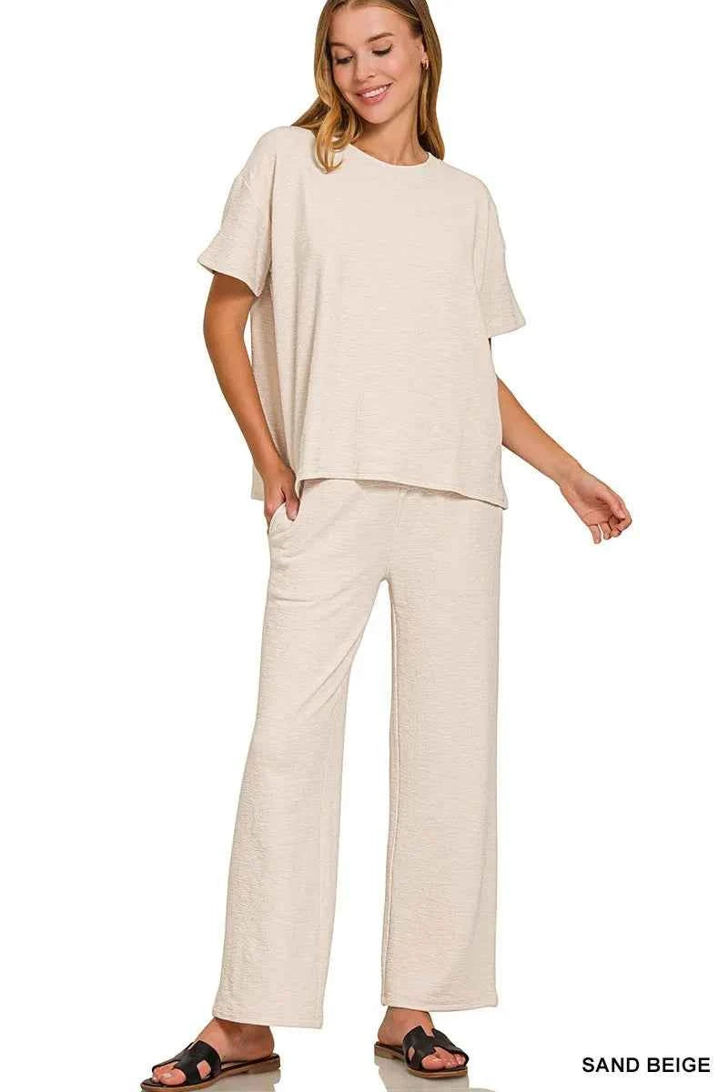 Zenana Slub Short Sleeve T-Shirt and Pants Set SAND BEIGE 52ca7711745b4eb292b1c1d3db6defd4-Max-Origin