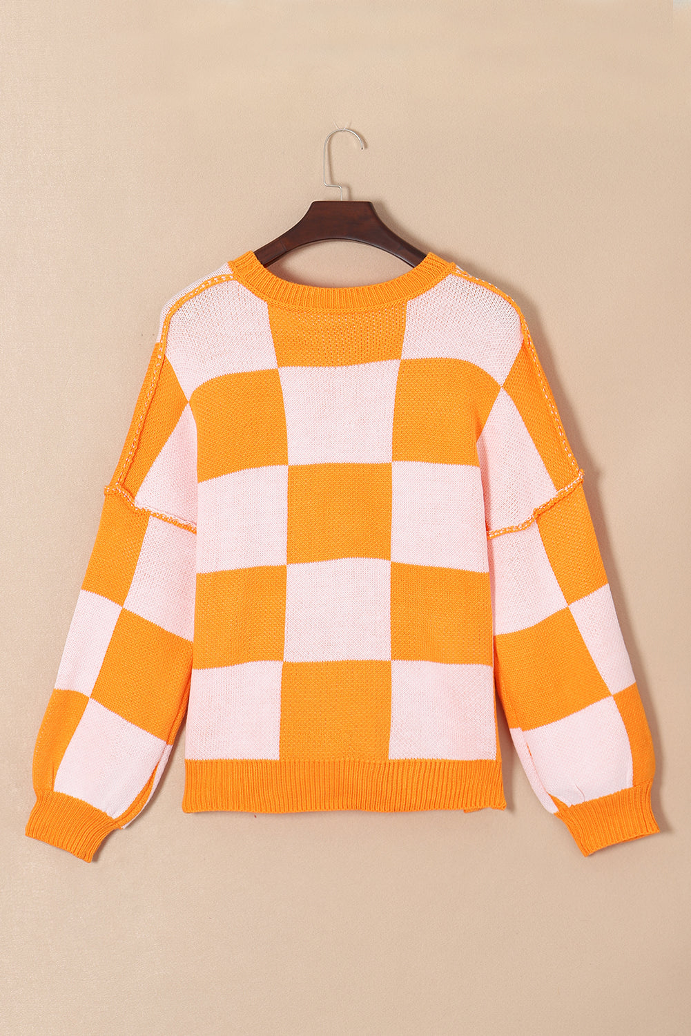 Orange & White Plaid Exposed Seam Bishop Sleeve Sweater 52cc155aed09ad95