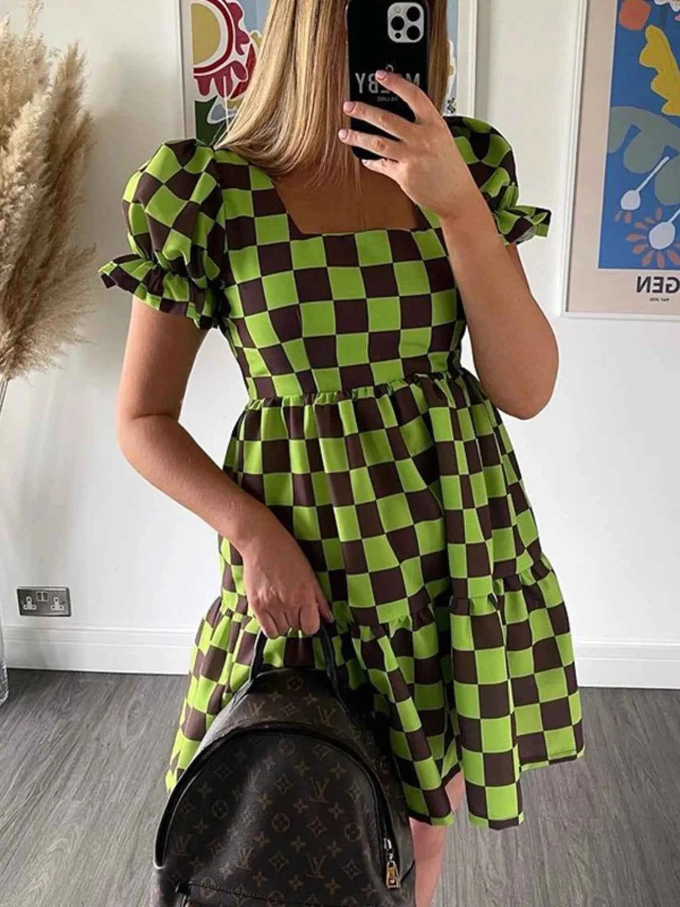 Checkered Short Sleeve Tiered Mini Dress 52d01c0093314ea691d968e336ef8c6d-Max-Origin