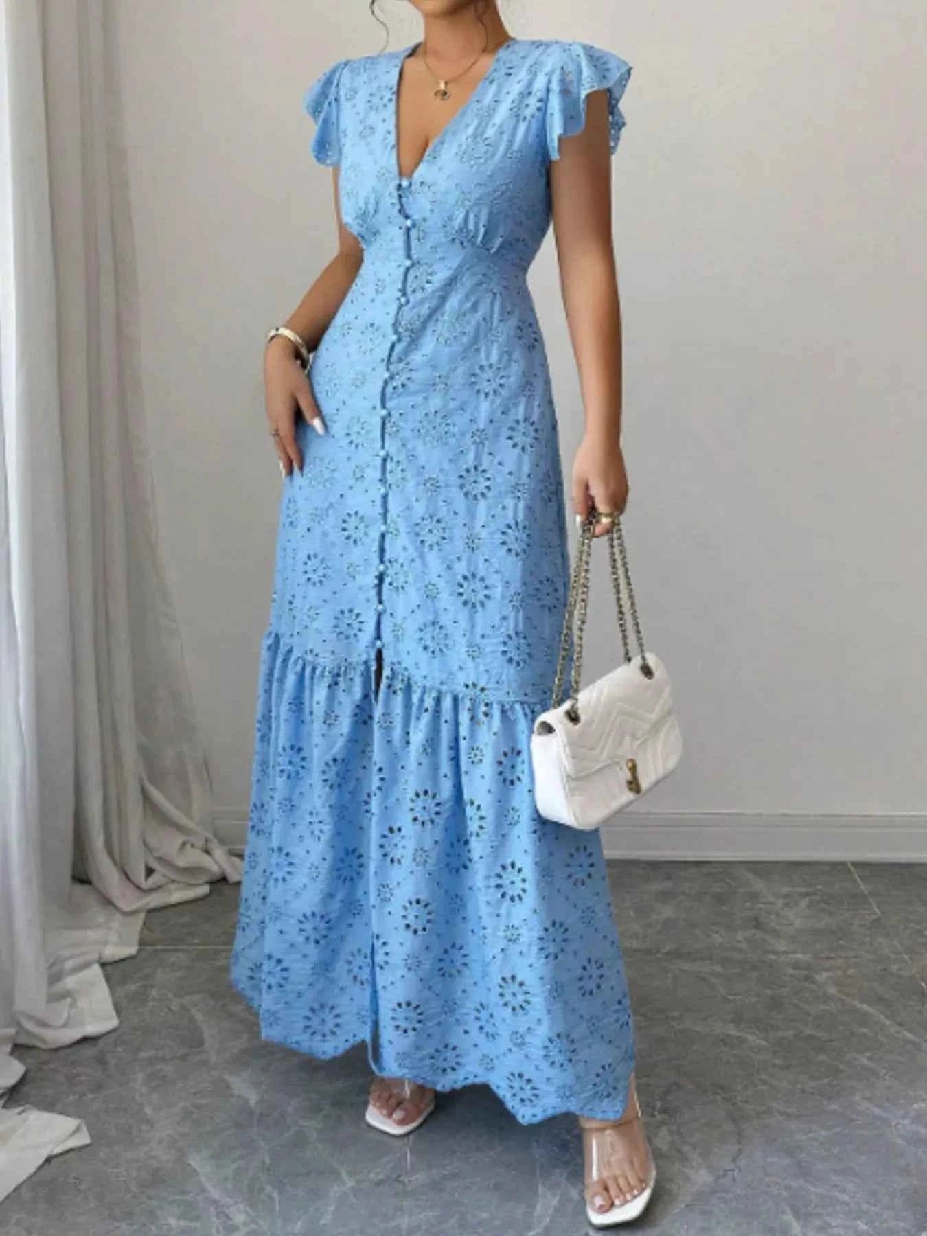 Floral Eyelet Ruffled Cap Sleeve Maxi Dress 52d116d6-633c-4016-821b-d6a9e7607edf-Max-Origin