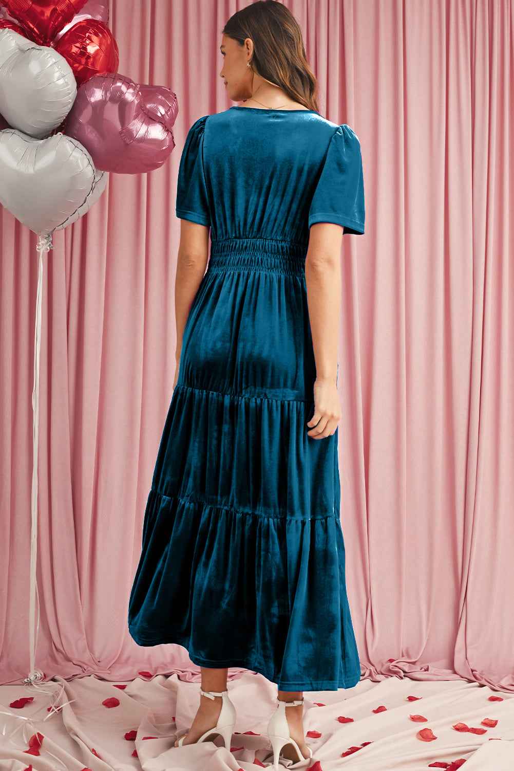 Prussian Blue Velvet Short Sleeve Shirred Waist Tiered Maxi Dress 52da5fa3867fc0da