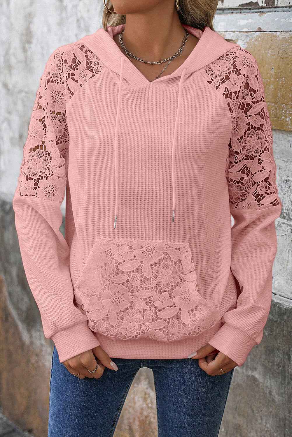 Gossamer Pink Lace Patchwork Raglan Sleeve Kangaroo Pocket Waffle Hoodie 52f21bc236fcca57