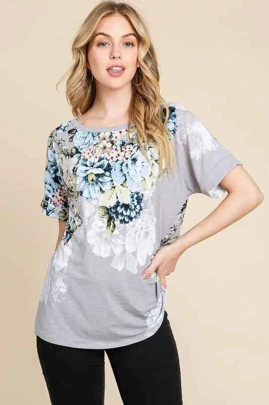 BOMBOM Floral Round Neck Short Sleeve T-Shirt Light Gray 52f3a347-e37d-4214-9d61-6762ce67b761-Max-Origin