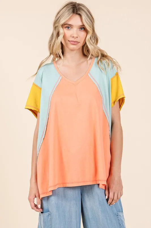 Mittoshop Color Block V-Neck Short Sleeve T-Shirt 52f459ef-08f4-425b-9525-2c90e081fabd-Max
