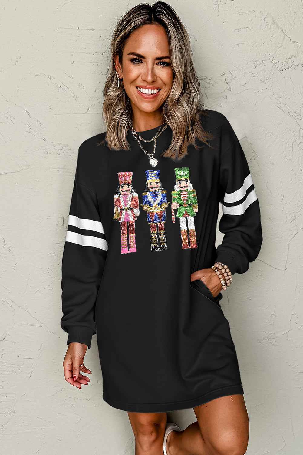Black Christmas Nutcracker Sequins Patch Varsity Striped Sleeve Sweatshirt Dress 52f8a69d951b2904