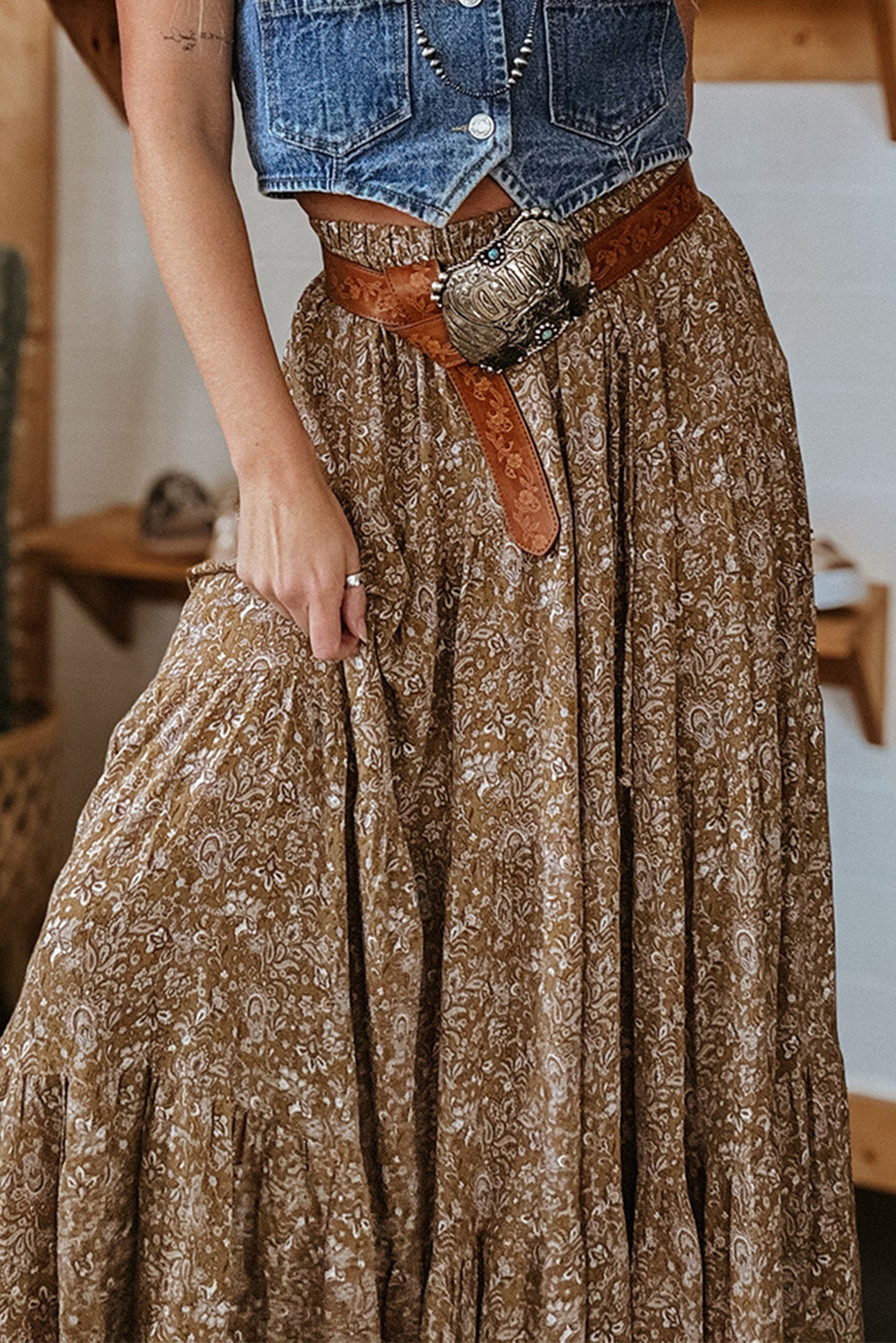 Brown Floral Print High Waist Loose Maxi Skirt 52fba94be1705272