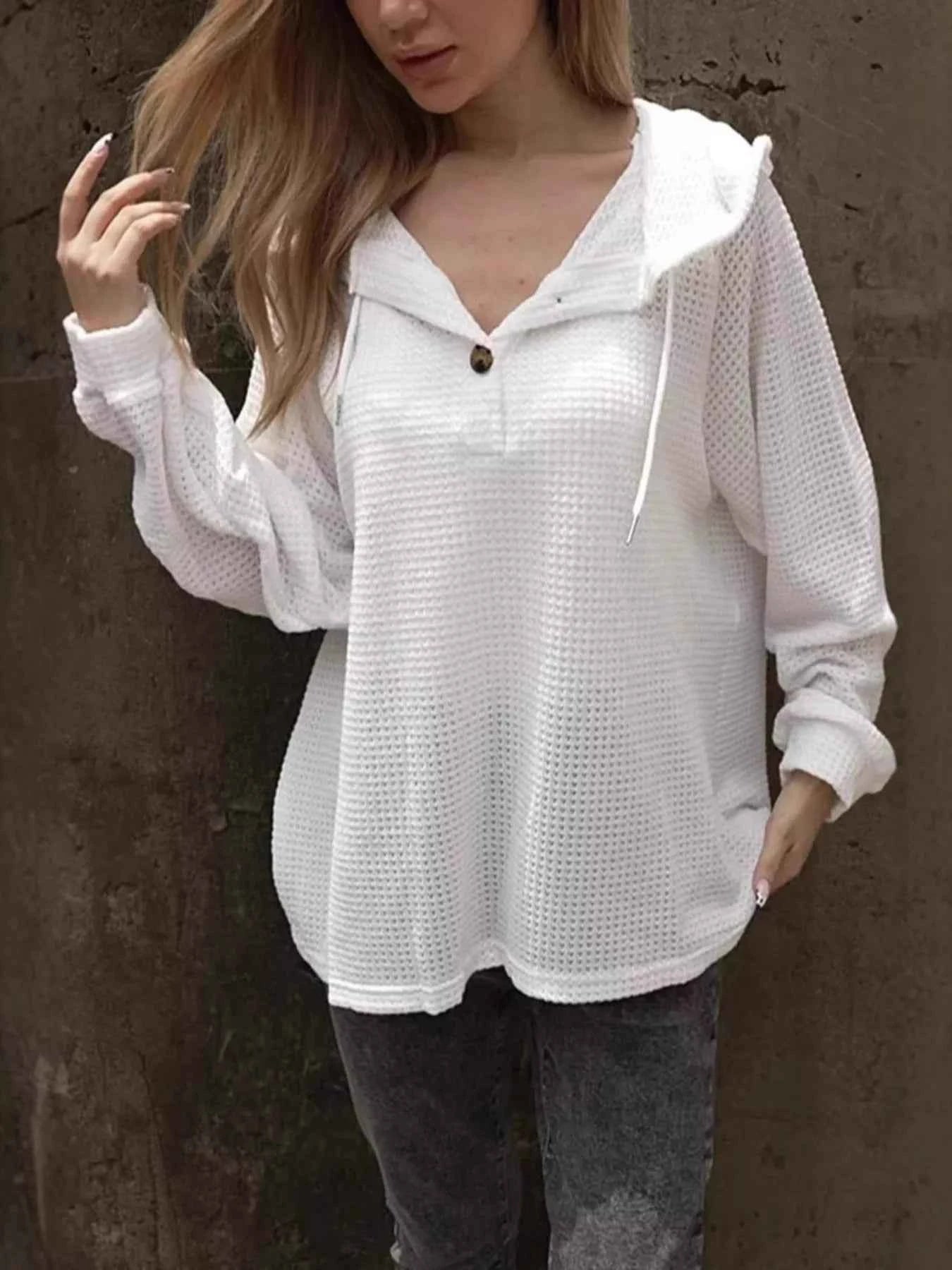 Waffle Knit Hoodie with Button Detail White 52fccf8adf8b41bb9602a2cae8323b60-Max-Origin