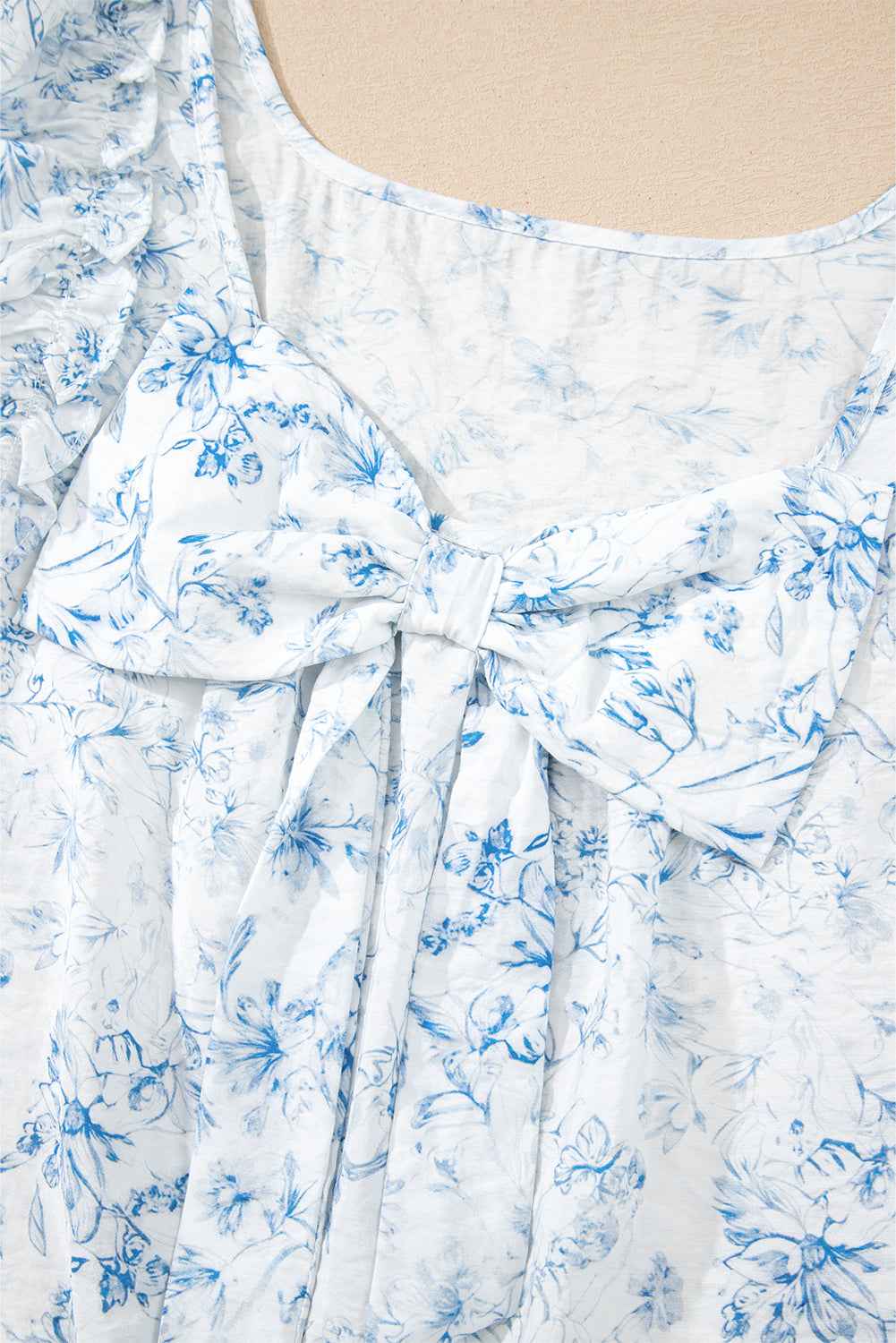 Sky Blue Floral Ruffle Short Sleeve Bow Back Blouse 5307a84dc32e5094