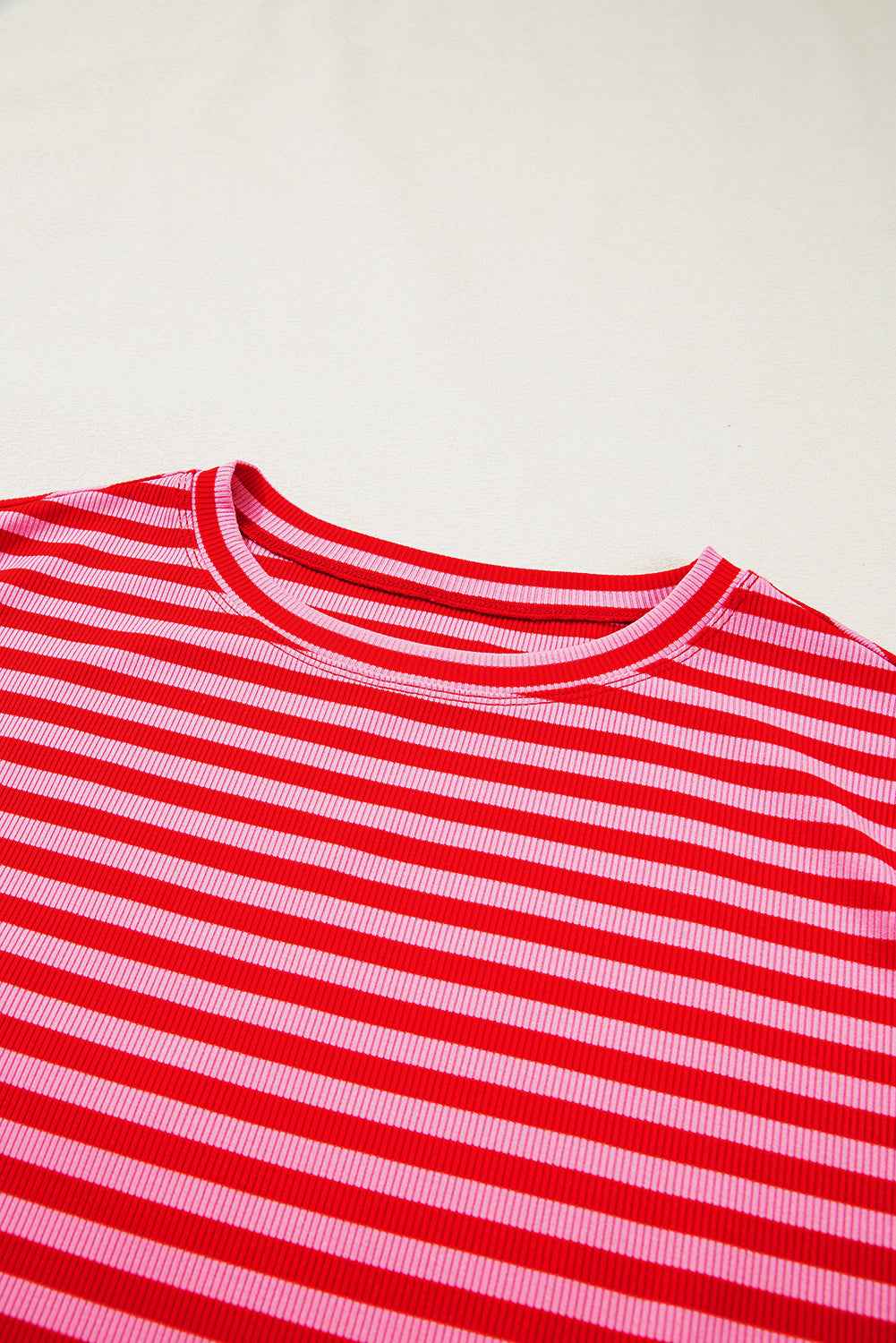 Sky Blue Stripe Ribbed Cap Sleeve Round Neck T Shirt 530efa7208e544cc