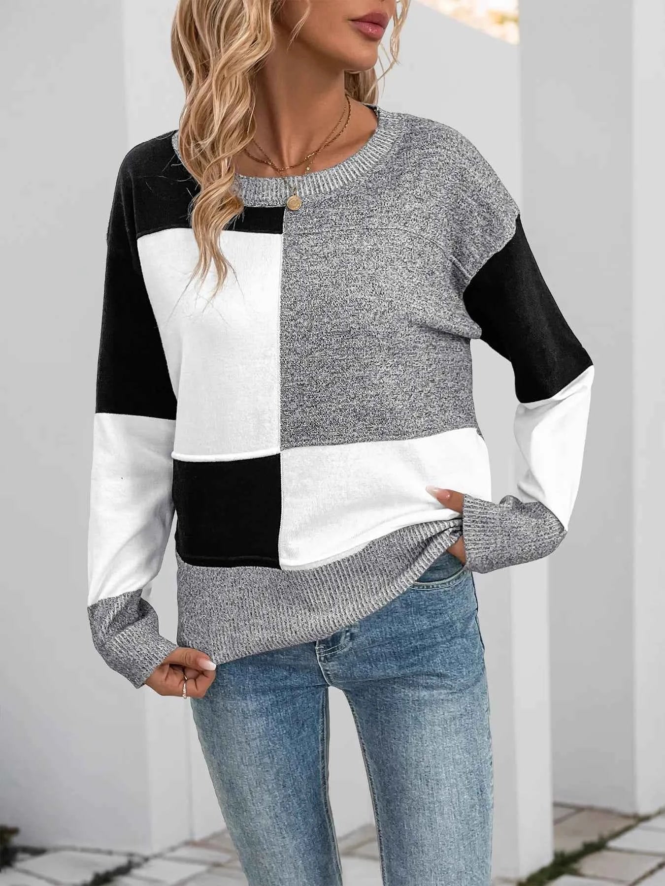 Color Block Knit Long Sleeve Sweater 5320746ca035465087963b4259487418-Max-Origin