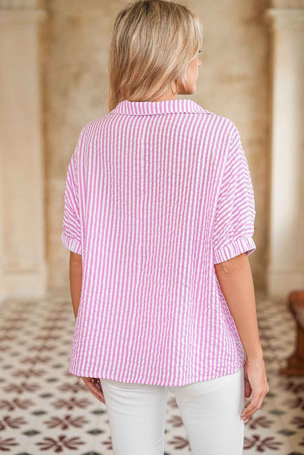 Sachet Pink Striped Dolman Sleeve Pop of Color Neckline Blouse 532fff40a81c1e20