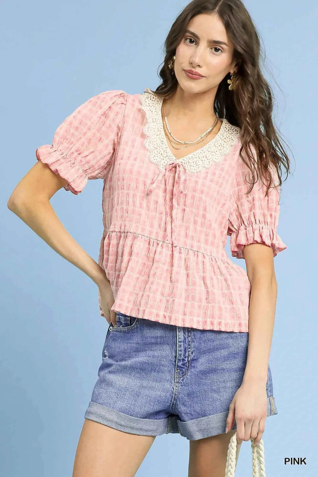 Umgee Short Sleeve Gingham Lace Peplum Blouse Pink 534b17f0-319a-4629-8b67-51b7587e7d12-Max-Origin