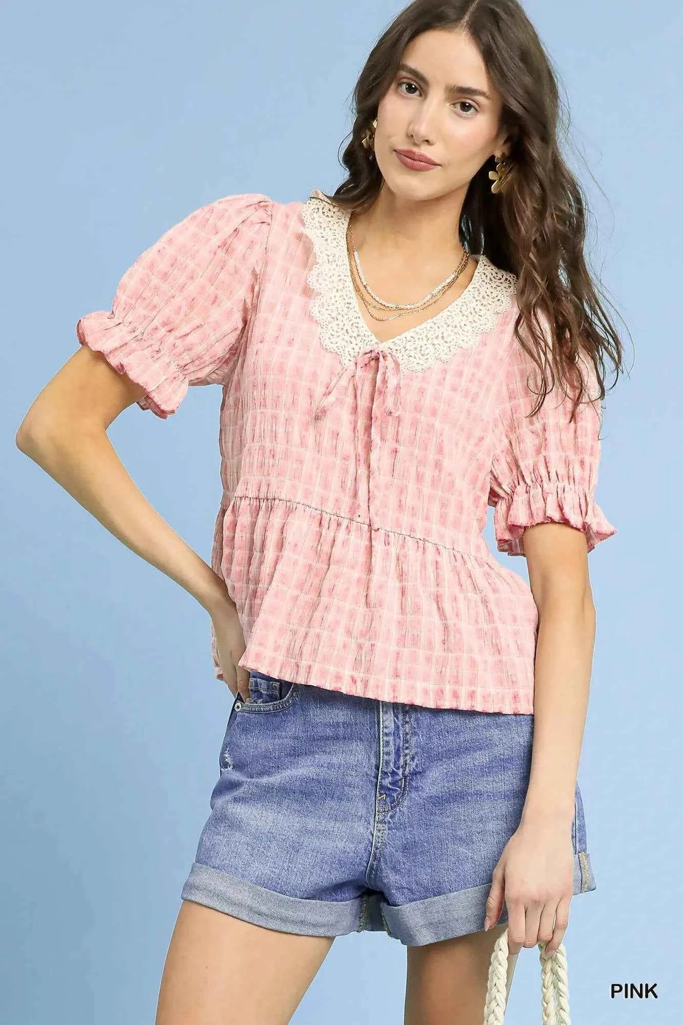 Umgee Short Sleeve Gingham Lace Peplum Blouse Pink 534b17f0-319a-4629-8b67-51b7587e7d12-Max-Origin