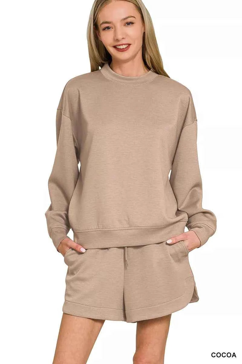 Zenana Scuba Long Sleeve Sweatshirt and Shorts Set COCOA 534c159ae1f94327b0283aa281352b7f-Max-Origin