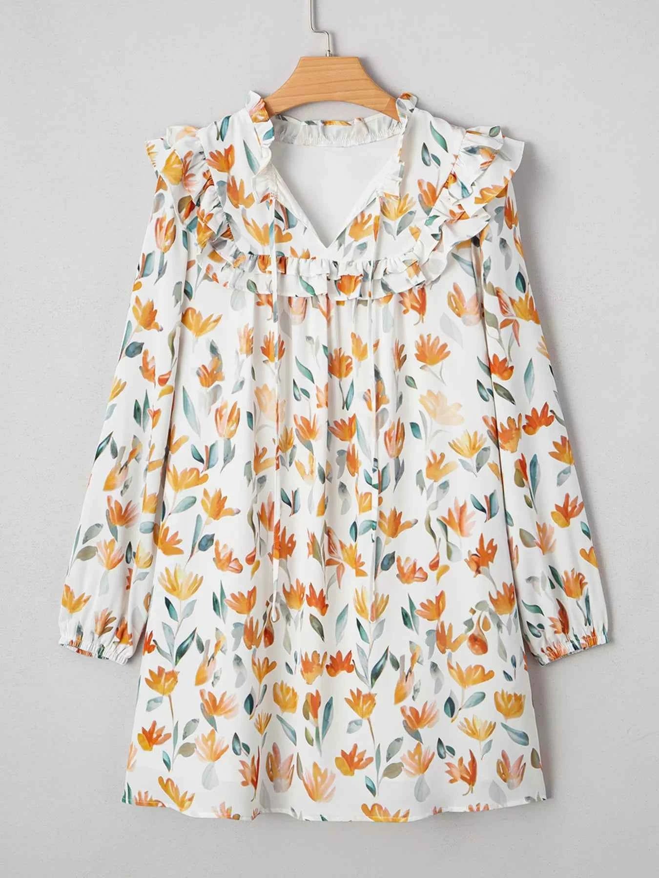 Floral Print Tie Neck Frilled Detail Long Sleeve Mini Dress 534c3ee3f7324211a58e97512be339f5-Max-Origin